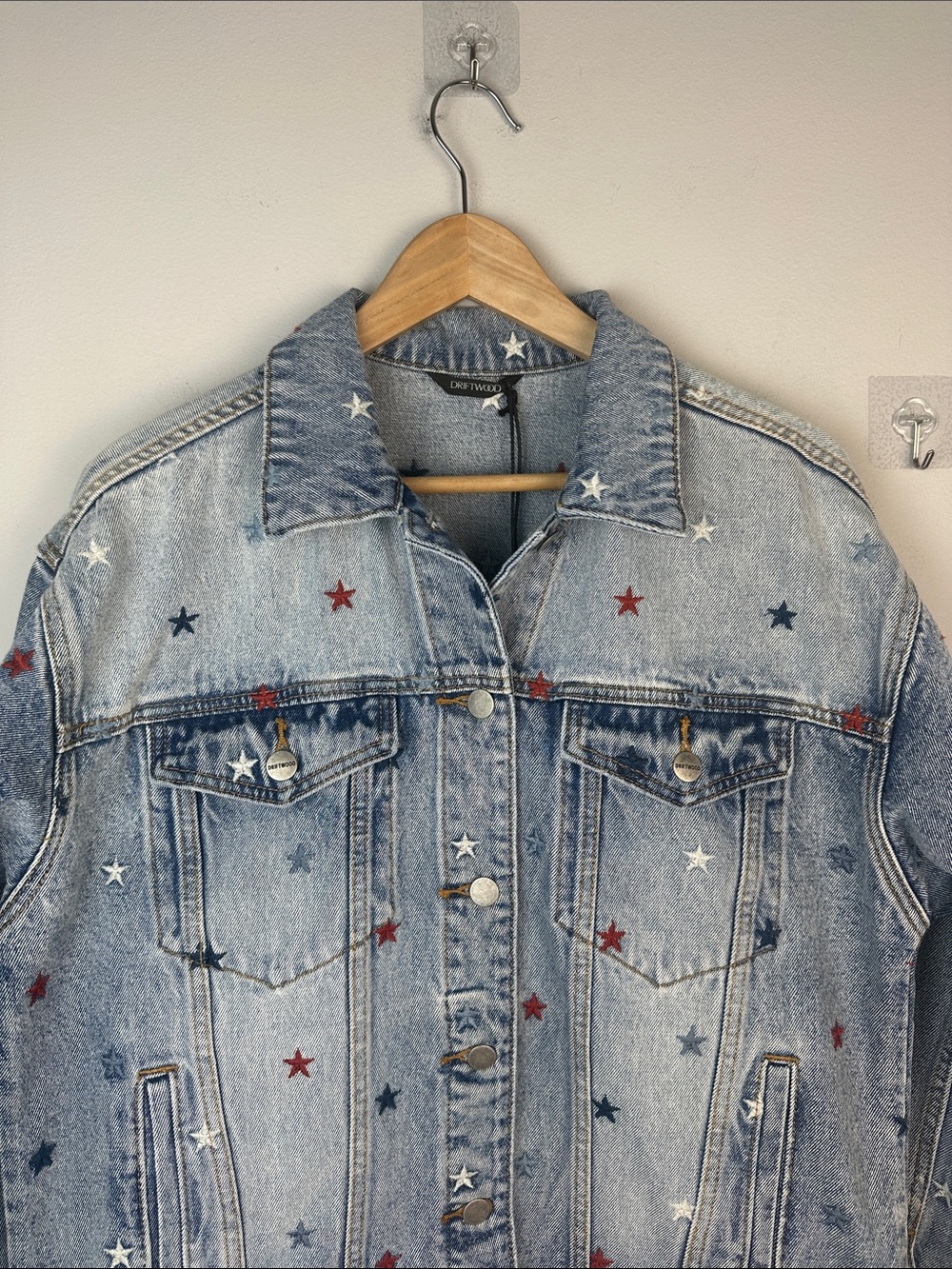 NEW DRIFTWOOD Starry Eyed Denim Blue Jean Jacket Embroidered Stars XL Cotton - Picture 3 of 16